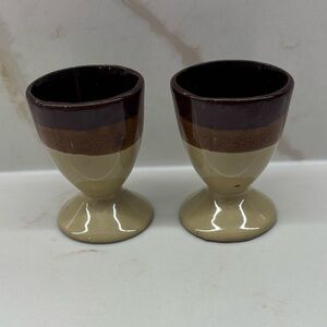 2 Vintage Brown to Tan Tri-Colored Stoneware Egg Cups MCM 1970